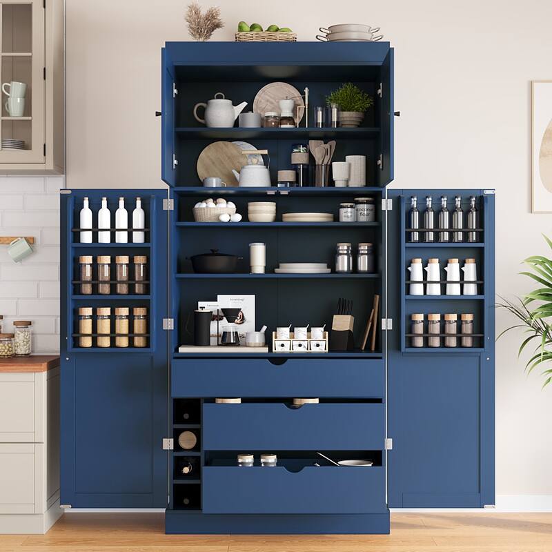 77" Tall Buffet Sideboard Storage Cabinet for Dining Room, Freestanding Kitchen Pantry Cabinetwith Drawers and Wine Racks - Blue