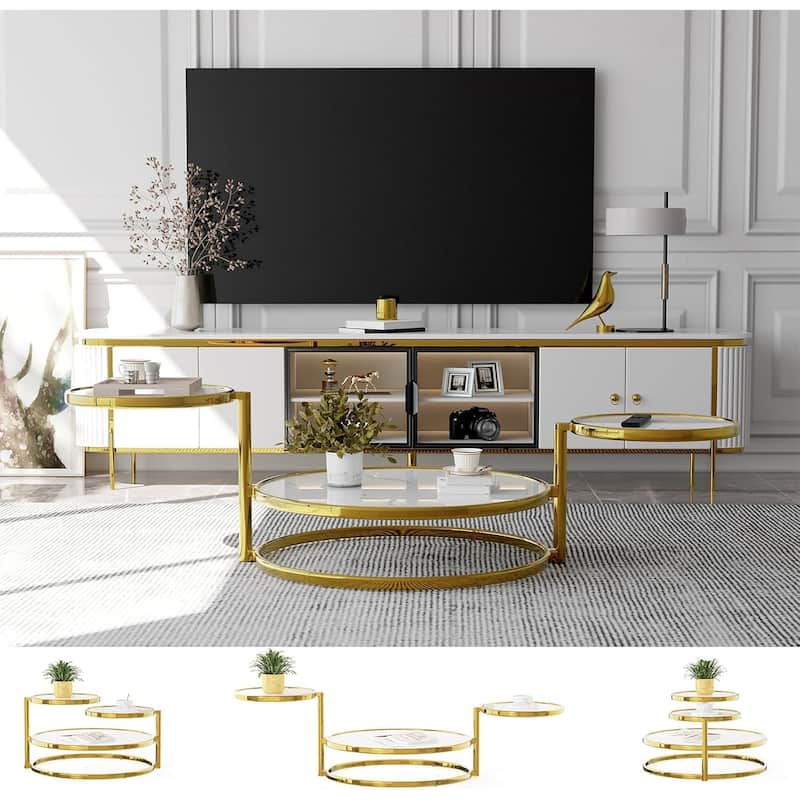 Round Coffee Table 30 inch Motion Tempered Glass Coffee Table with 3 Tier 360 Degree Swivel Top
