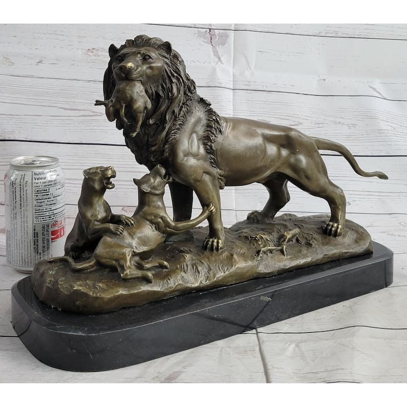 Signed Barye Male Lion With Cubs Bronze Figurine Sculpture Statue Animal Art
