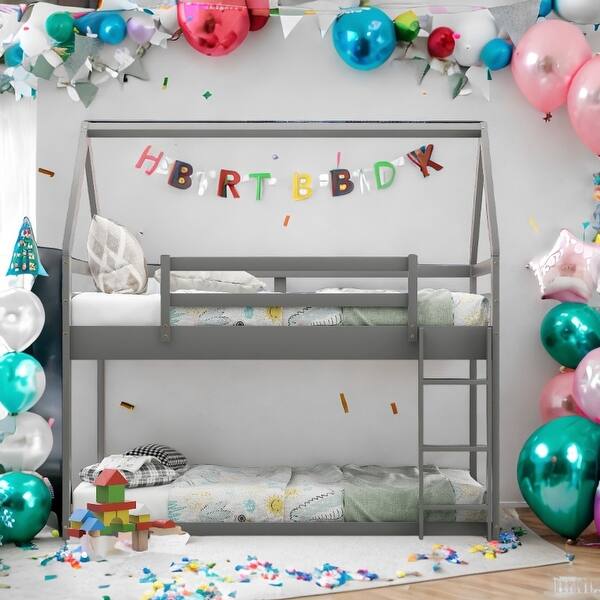 slide 2 of 30, Low Bunk Design Twin over Twin Low Bunk Bed, House Bed with Ladder Grey