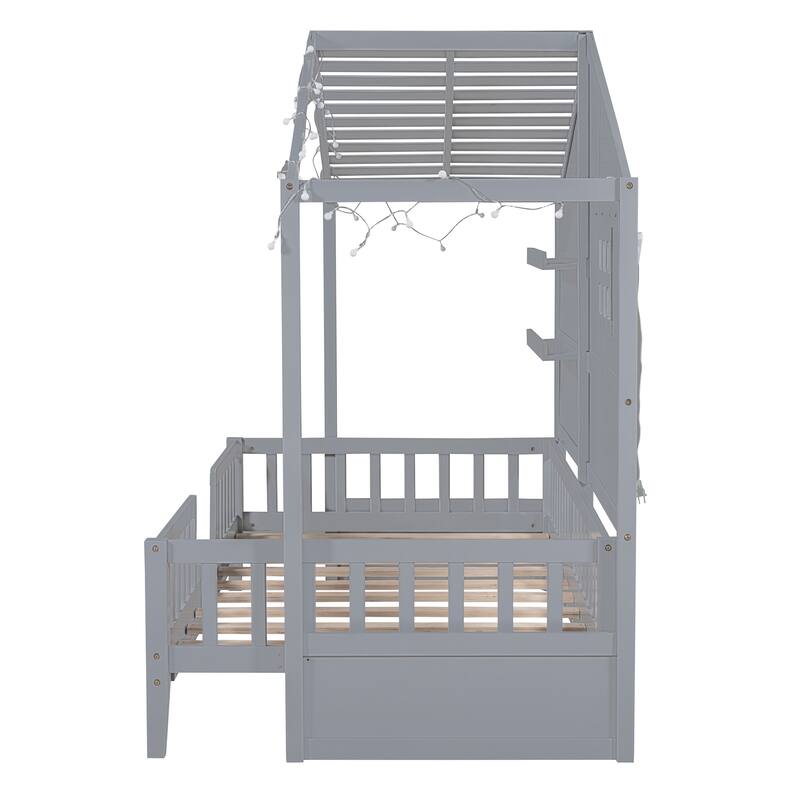 Twin Size House Bed with Shelves and Window, Wood Frame Platform Bed