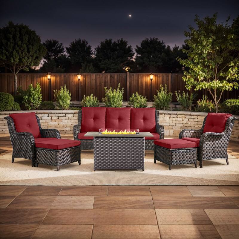 Gymojoy 6-Piece Outdoor Furniture Sofa Set with 2 Patio Chairs, 2 Ottomans & 55K BTU Fire Pit Table - Brown Wicker / Red Cusion - 6-Piece