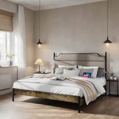 King Size LED Upholstered Platform Bed w/ Charging Station,Wood Slats