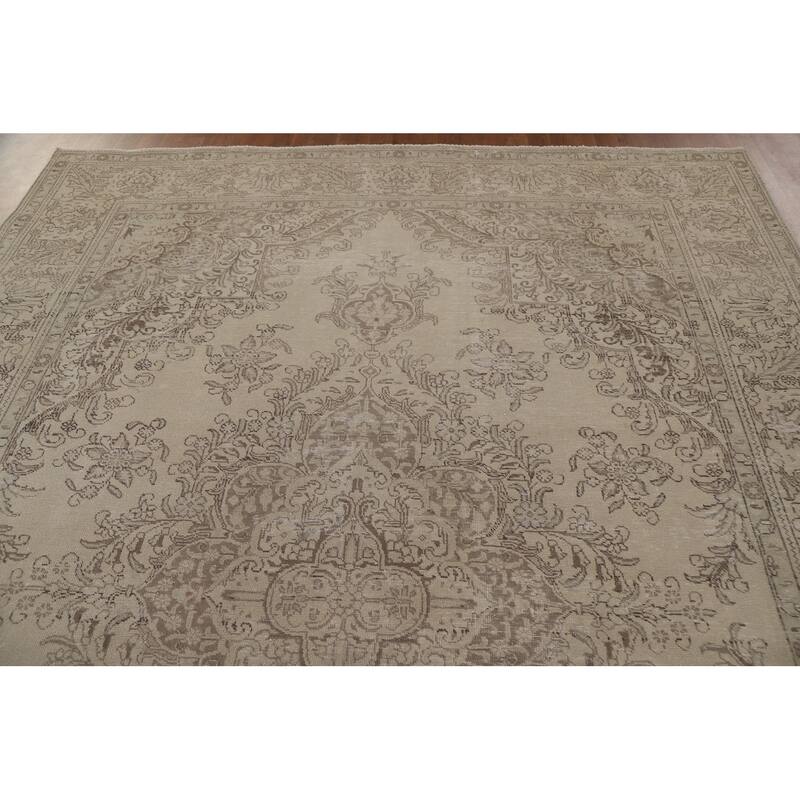Distressed Tabriz Persian Vintage Beige Rug Hand-knotted Wool Carpet - 8'4" x 10'10"