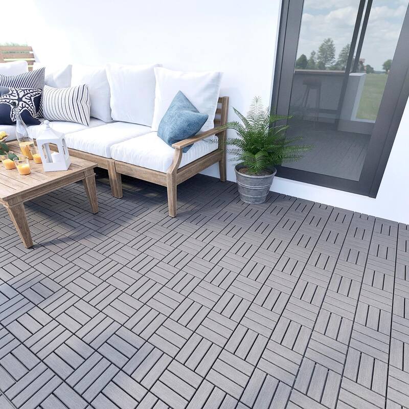 10 PCS Interlocking Deck Tiles Checker Pattern, 12" x 12" Square Acacia Hardwood Outdoor Flooring for Patio,Bancony,Pool Side