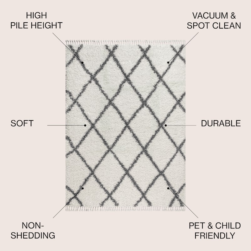 JONATHAN Y Modern Shag Plush Tassel Moroccan Geometric Trellis Area Rug