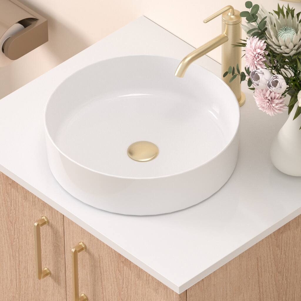 13.98" Modern Round Ceramic Vessel Sink – Countertop Bathroom Basin