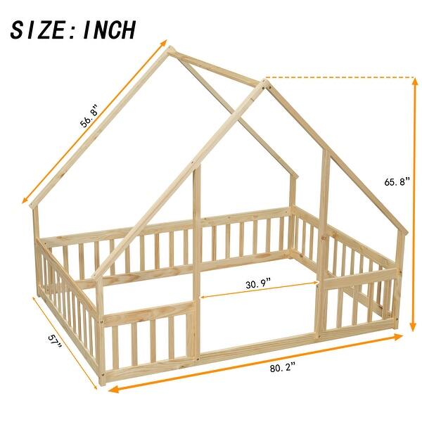dimension image slide 1 of 3, Full Wood House-Shaped Floor Bed with Fence, Guardrails