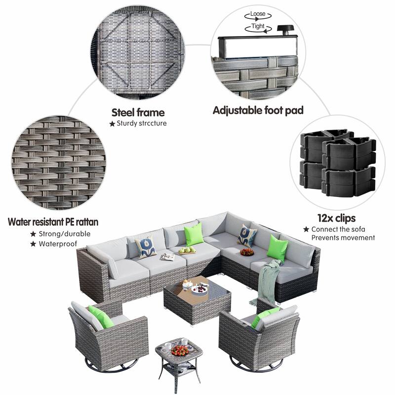 OVIOS Deep Seat Wicker 10-piece Sectional Set Swivel Chairs With Glass Top Coffee Table