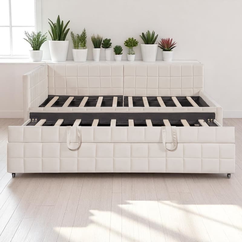 Full Size Upholstered L-Shaped Daybed with Twin Pop-Up Trundle and USB Charging Ports
