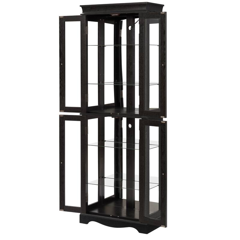 Elegant Black Wooden Curio Cabinet - Glass Display Case With Built-In Lighting For Wine & Collectibles‌