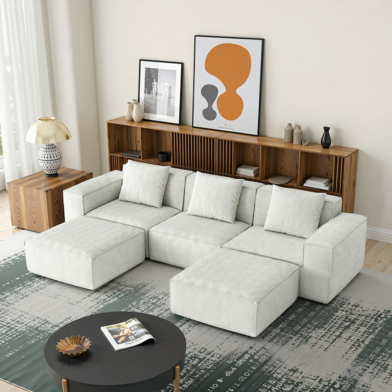 118 Inch Modular Convertible Sofa Bed 3-Seater with Footrests White Cloud Velvet - White