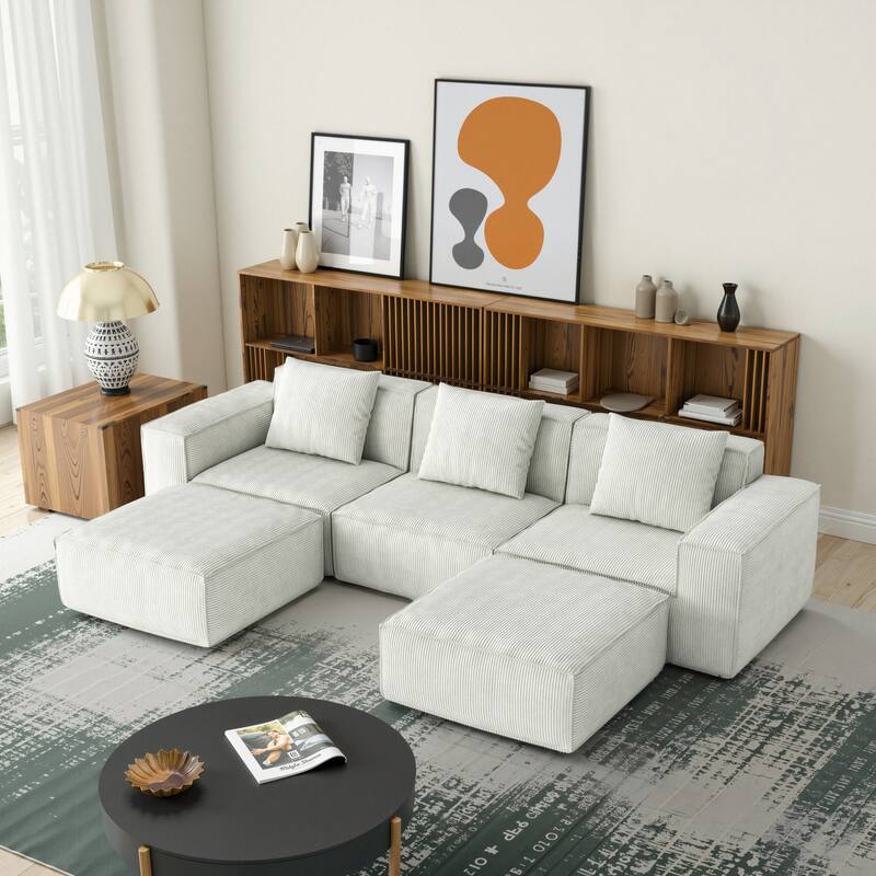 Chenille Fabric Sectional Sofa for Living Room,Tofu Block Sofa Floor Sofa - White - 3 Seater with 2 Ottomans