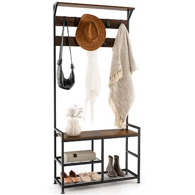 Gymax 72'' Freestanding Hall Tree 4-in-1 Coat Rack Shoe Bench w/ Top - 33'' (L) x 12'' (D) x 71'' (H)