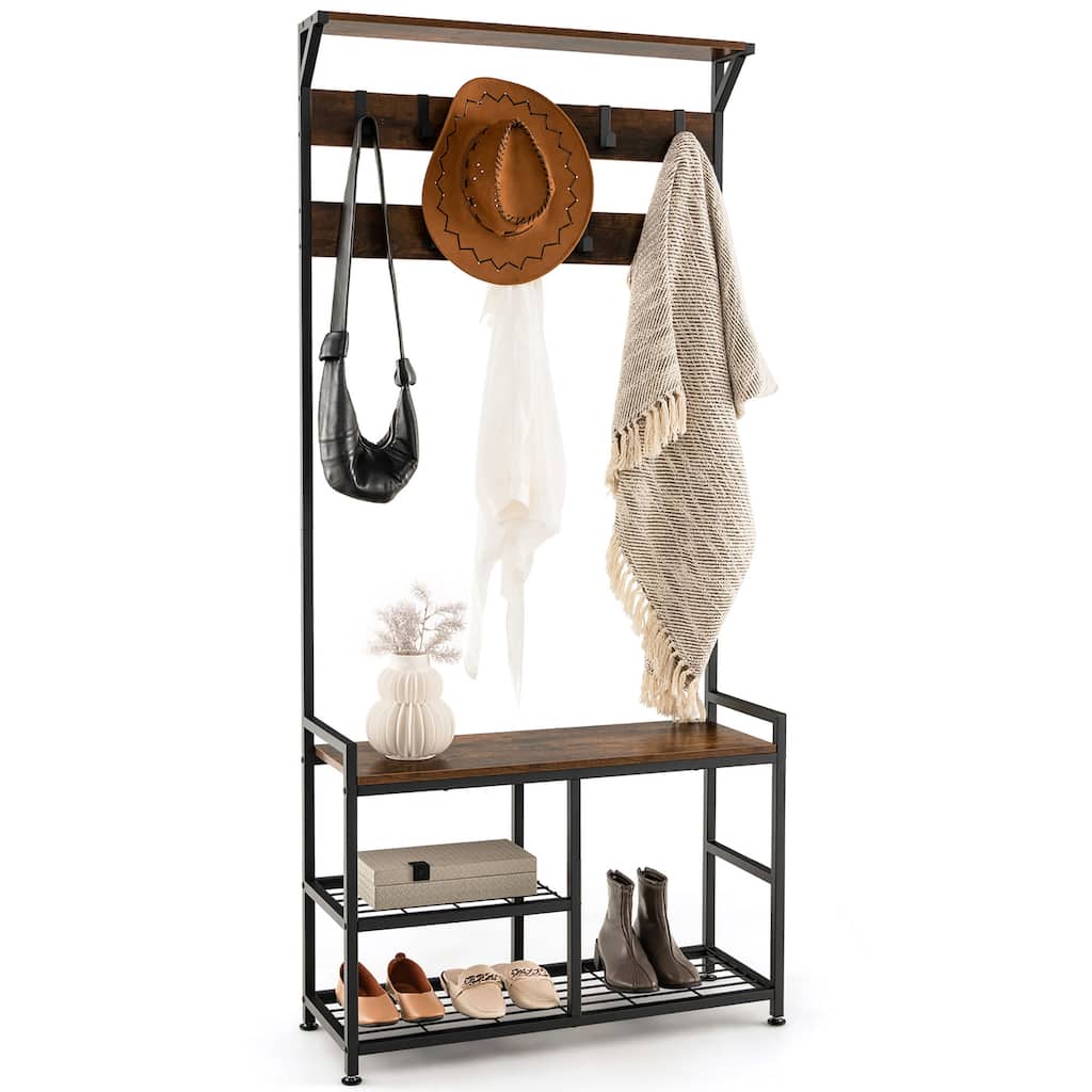Gymax 72'' Freestanding Hall Tree 4-in-1 Coat Rack Shoe Bench w/ Top - 33'' (L) x 12'' (D) x 71'' (H)