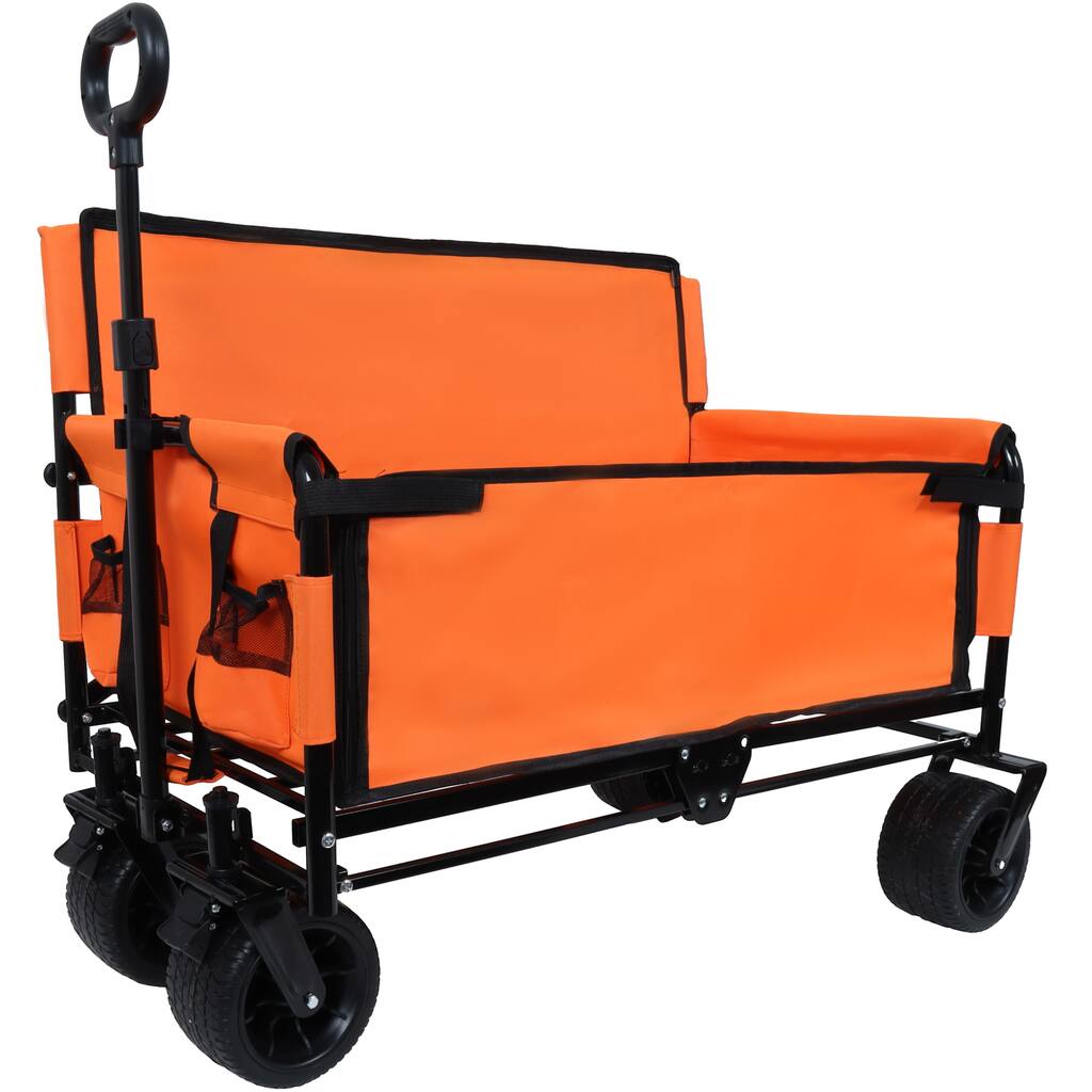 3-in-1 Convertible Folding Wagon with Bench Seat & Storage - 500lb Heavy-Duty, 180L All-Terrain Cart, Orange