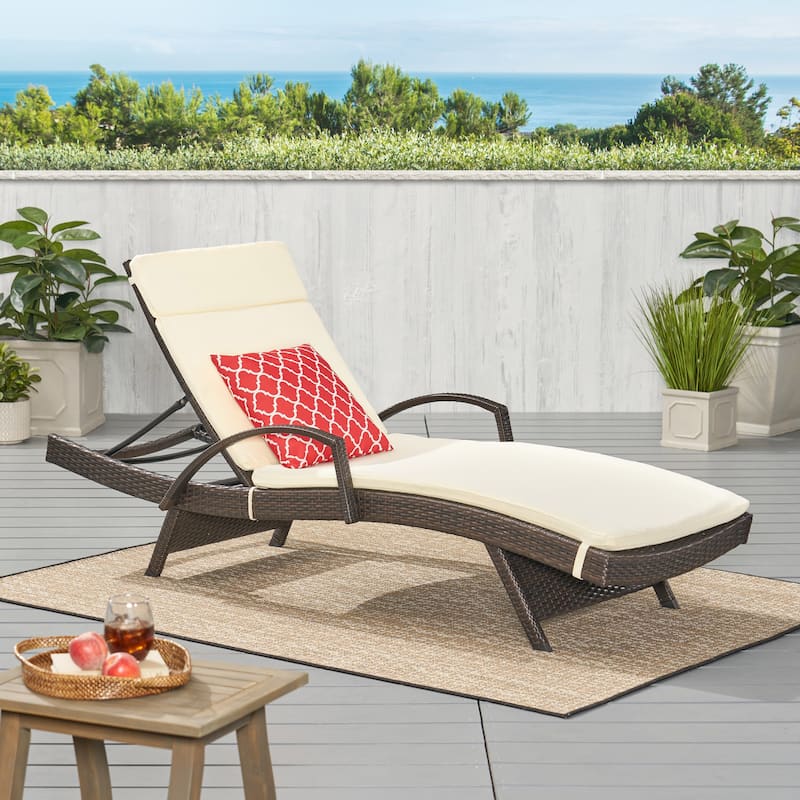 Toscana Outdoor Wicker Armed Cushioned Chaise Lounge by Christopher Knight Home - Brown/Beige Cushion