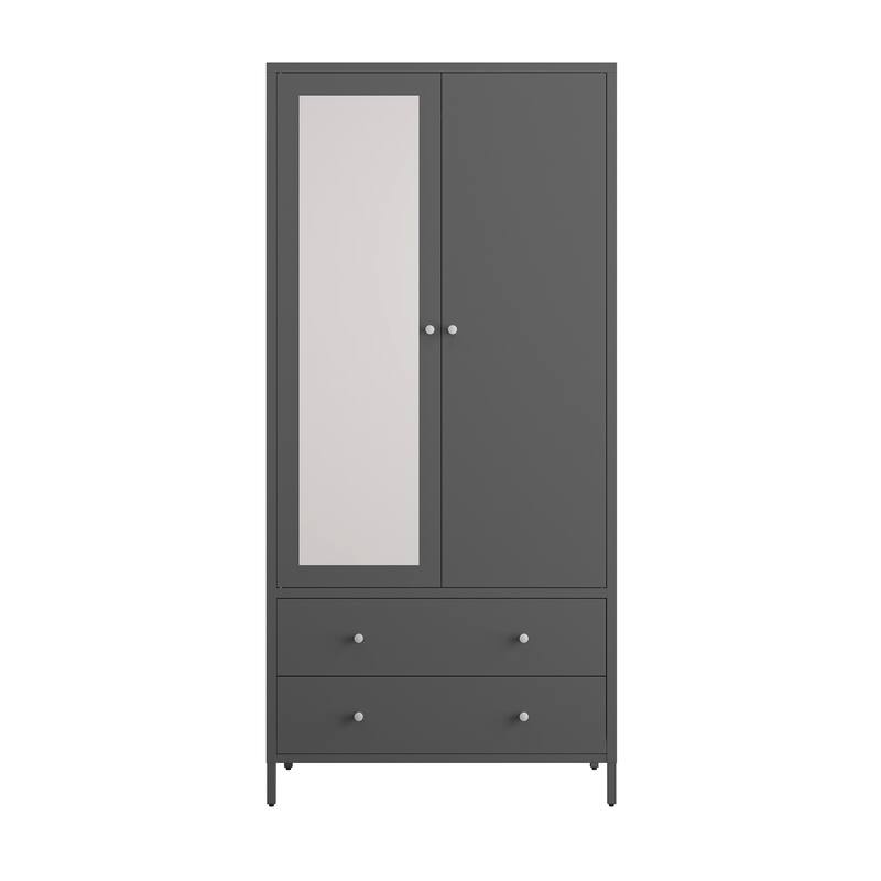 Metal Armoire Wardrobe Closet with 2 Drawers,Mirror Door and Hanging Rod