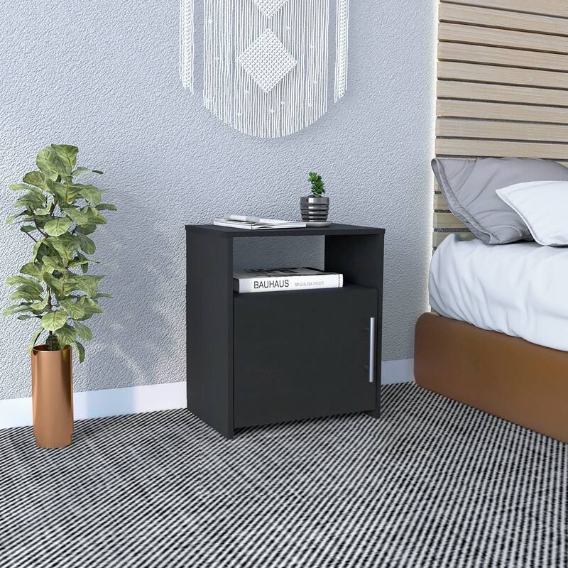 Modern Black Nightstand with Single Door Cabinet and Metal Handle - Black