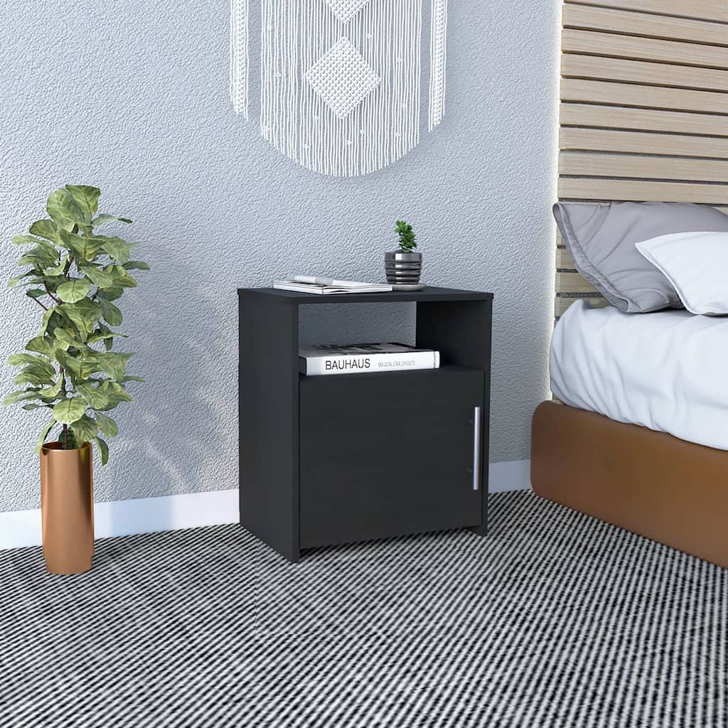 Modern Black Nightstand with Single Door Cabinet and Metal Handle