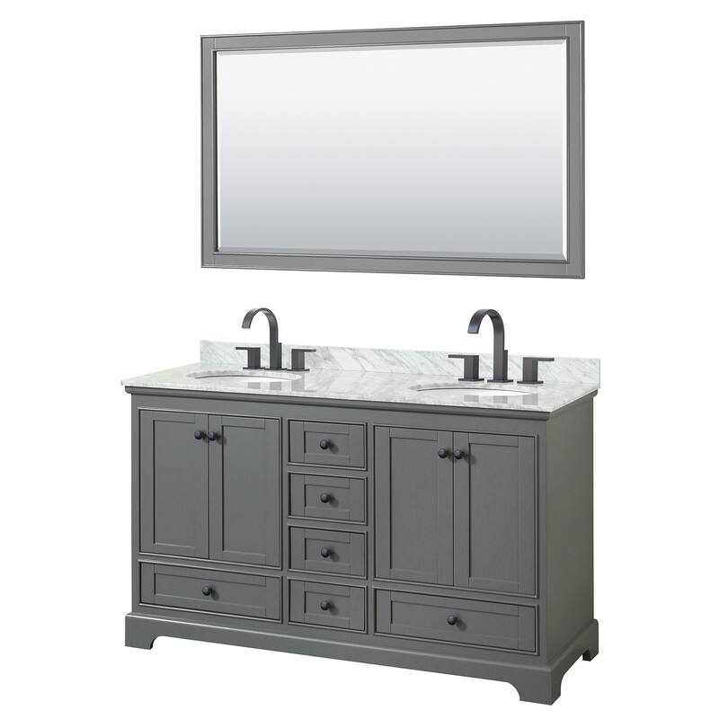 Deborah 60-inch Dark Gray Double Vanity, Oval Sinks, 58-inch Mirror - Dark Gray, Black Trim, White Carrara Marble Top