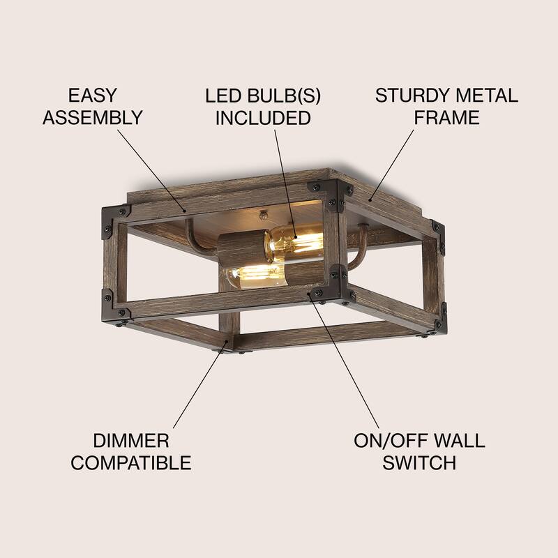 Marais 11.5" 2-Light Iron Rustic Farmhouse LED Flush Mount, Brown by JONATHAN Y