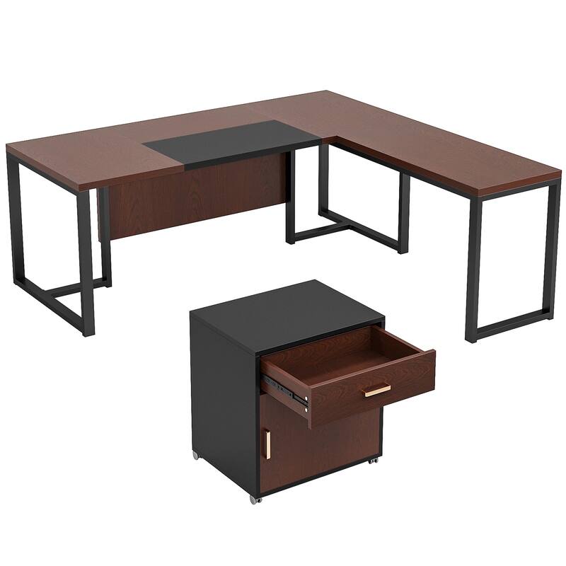 Executive Desk and File Storage Cabinet Set, L-Shaped Computer Desk for Home Office
