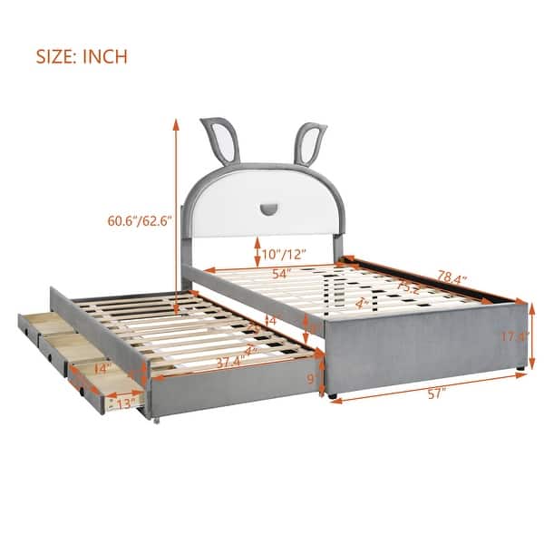 dimension image slide 3 of 4, Versatility Upholstered Kids Bed with Trundle and 3 Drawers, Embedded LED Lights, Rabbit-Shaped Headboard, No Box Spring Needed