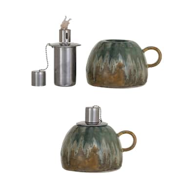 Stoneware Oil Lamp with Handle and Reactive Glaze - 5.5"L x 4.5"W x 4.4"H
