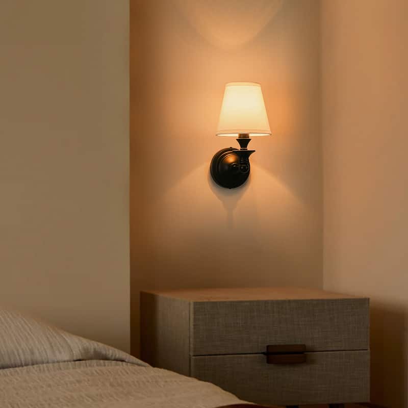 Rennnsan 1-Light Farmhouse Black/Gold Iron Wall Sconce with White Fabric Shade