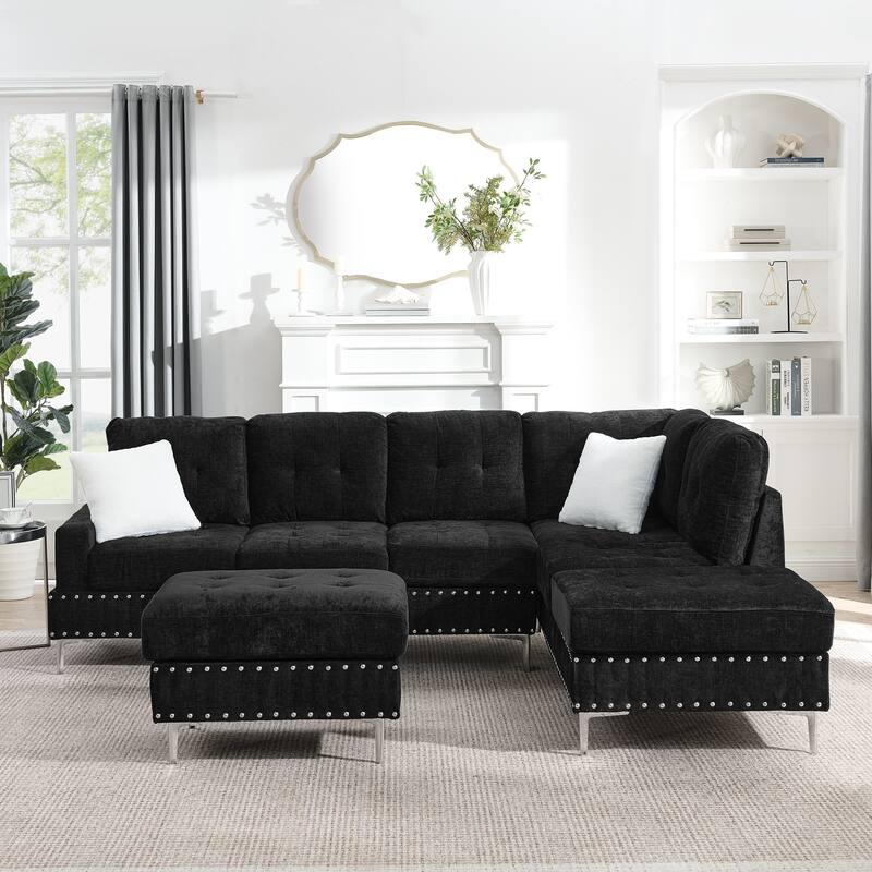 102" Rustic L-shaped Sectional Sofa with Reversible Chaise and Storage Ottoman - Black