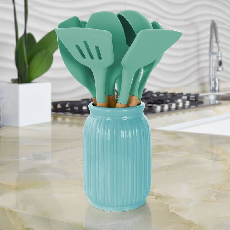 9 Piece Silicone and Wood Cooking Utensils in Turquoise