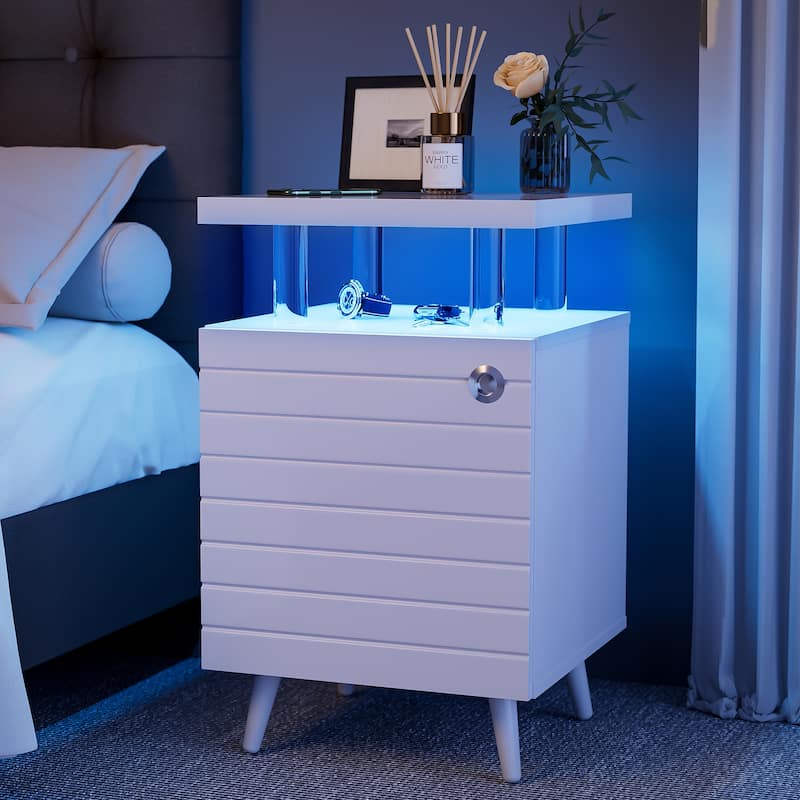Accent Nightstand End Table w/ LED Light Strips, Tray Bed