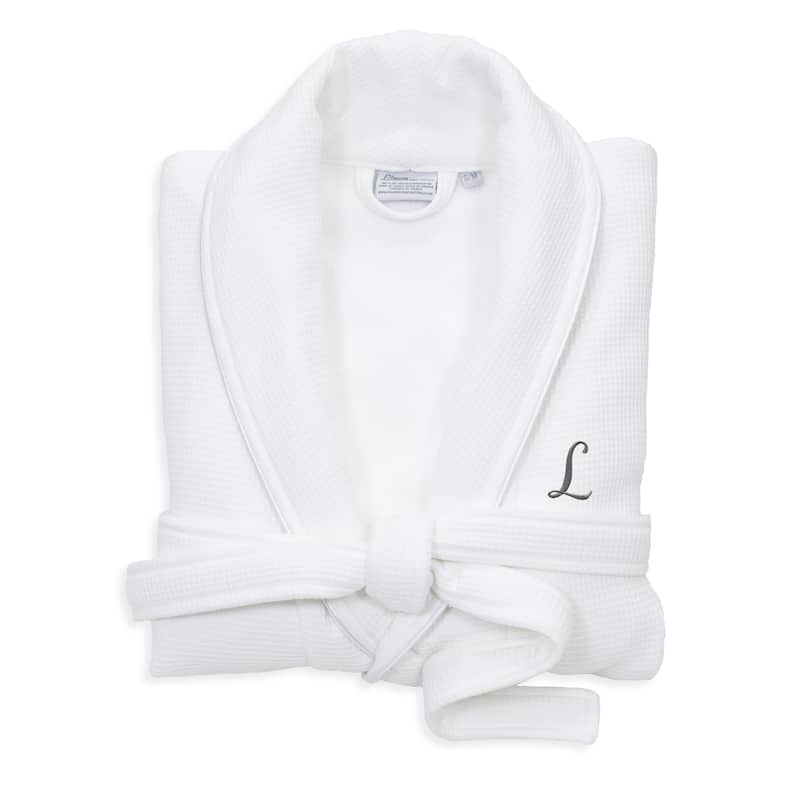 Authentic Hotel and Spa White Unisex Turkish Cotton Waffle Weave Terry Bath Robe with Grey Script Monogram - L/XL - L