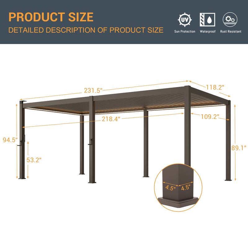 LIVOOSUN Outdoor Detachable Control Panel LED Equipped Pergola, Solar and USB Charging Options, Brown