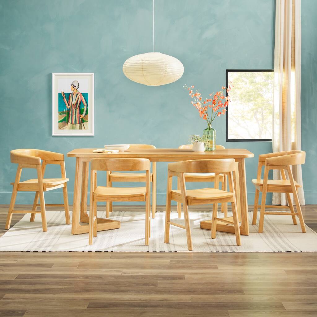 Walker Edison 7 Piece Rectangle Dining Table Set with Solid Wood Chairs ...