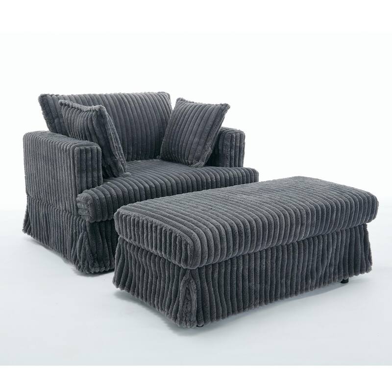 Deep Seat Sofa Chair & Ottoman Set, Corduroy Single Chaise Longue Reclining Couch with Thicked Upholstered, Pillows and Skirted