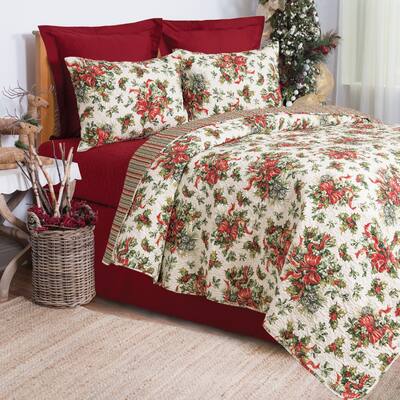 Holiday Ribbon Full/Queen Cotton Quilt Set Reversible Machine Washable Bedding Christmas Xmas Holiday Bedding