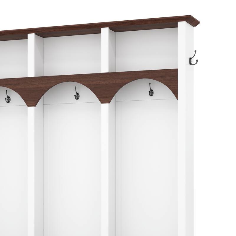 Roomfitters Farmhouse Hall Tree, Wooden Storage Bench with 5 Hooks and 7 Cubbies, Arched Design for Entryway