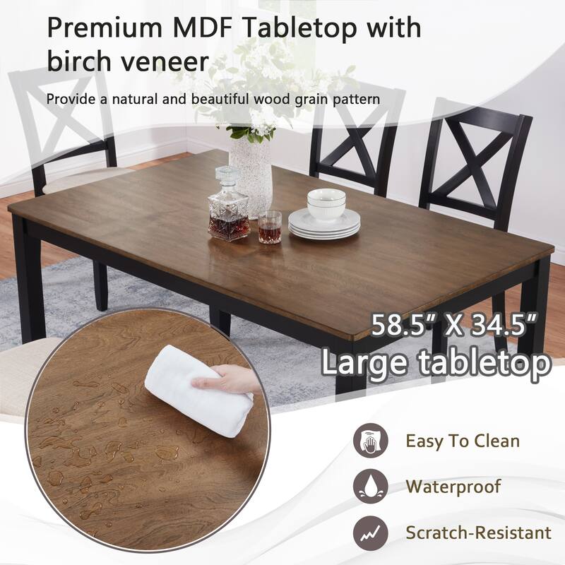 6 Piece Solid Wood Dining Table Set, Including 1 Dining Table, 4 Upholstered Chairs & Bench, Wooden Dining Table Set for Kitchen