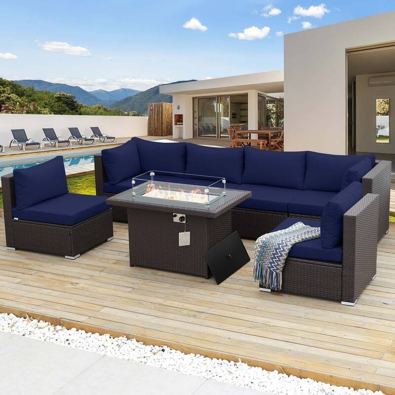 7-Piece Outdoor Deep Seating Sectional Wicker Patio Conversation Set with Fire Pit