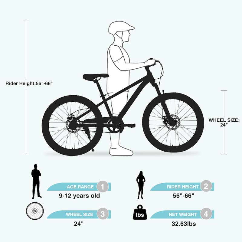 24 Inch Kids Mountain Bike for Boys & Girls Ages 9-12, Steel Frame with Suspension Fork & Dual Disc Brakes