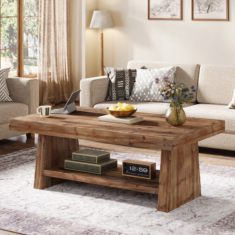 2 Tier Solid Wood Coffee Table for Living Room, 47 Inch Rectangular Center Table with Storage Shelves