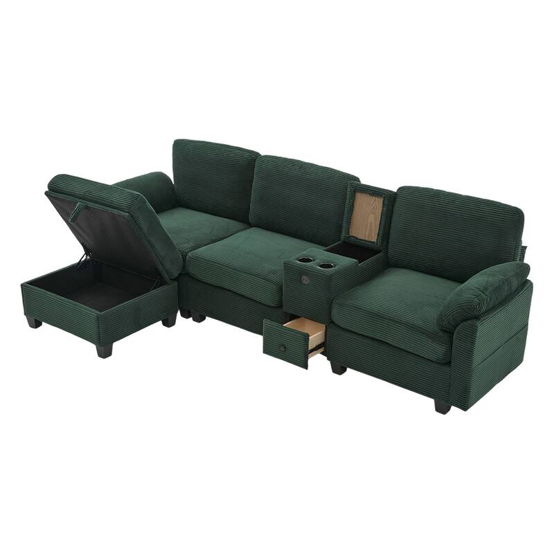 HOMEFUN Corduroy Upholstered L-Shaped 4-seater Storage Multifunctional Sectional Sofa with Storage Ottoman,Cup Holder and USB