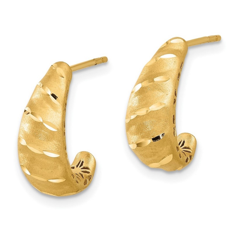 Curata 14k Yellow Gold 12x7mm Satin and Sparkle Cut J Hoop Earrings