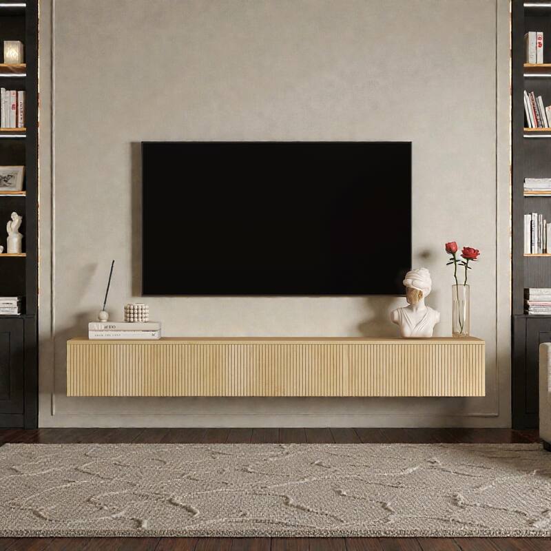 69" Floating TV Stand Wall Mounted with 16 Color LED Lights, Modern TV Cabinet for 55-65 Inch TVs - Wood