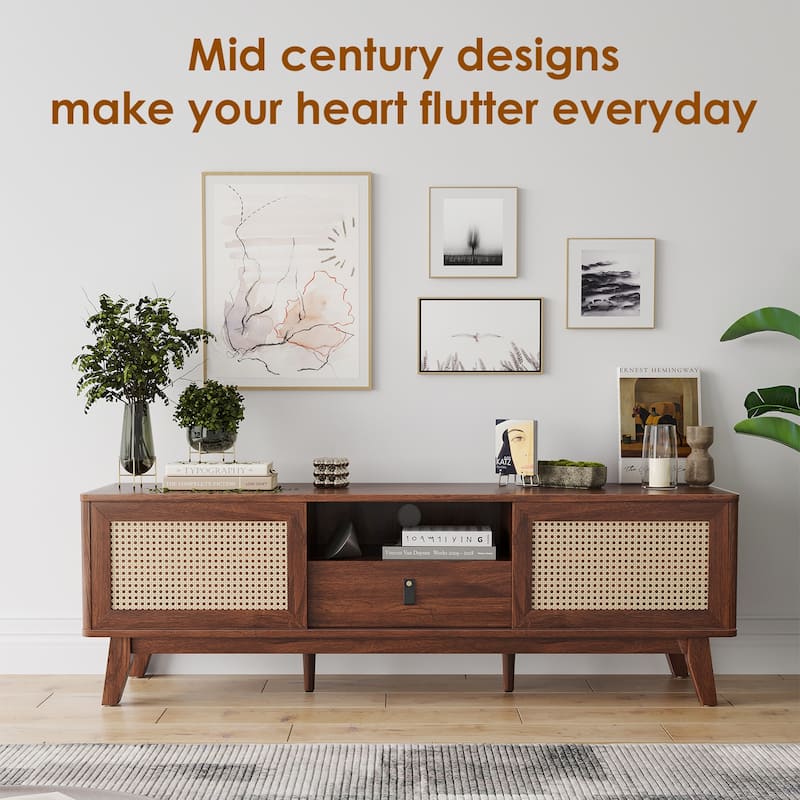 Rattan TV Stand TV Media Console with Drawer and Cabinets