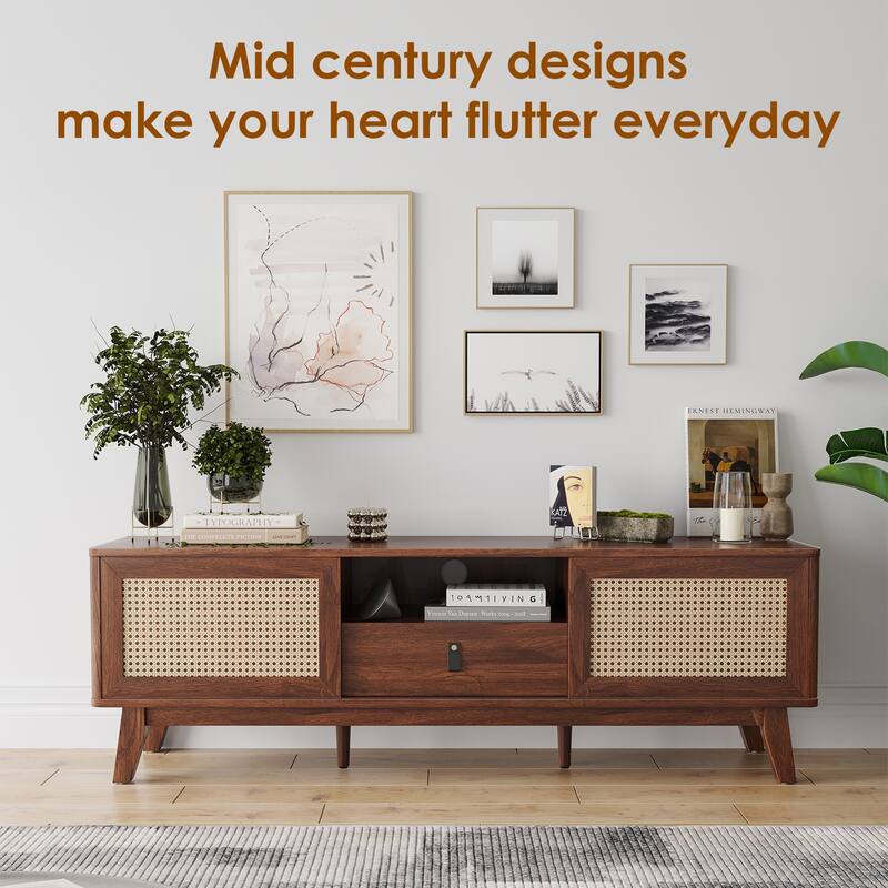 Rattan TV Stand for TVs, Wood TV Stand Mid Century Modern TV Stand TV Media Console with Drawer and 2 Cabinets