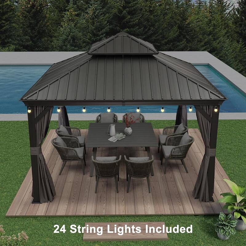 PURPLE LEAF Outdoor Galvanized Steel Hardtop Gazebo, Aluminum Frame Gazebo With Curtains and Light