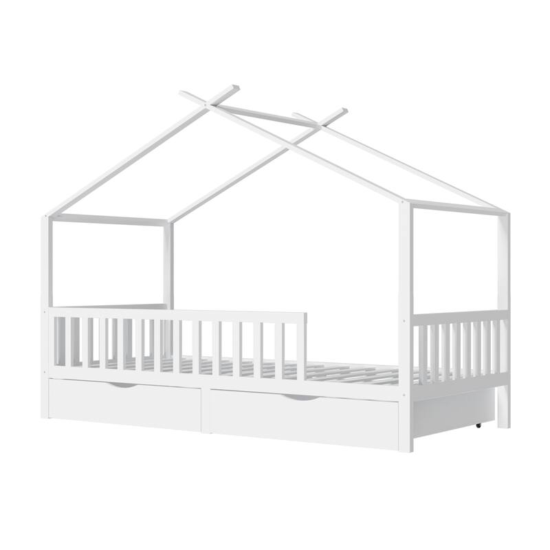 Full House Bed with 2 Storage Drawers, Kids Full Bed Frame with Rails and Roof,Wooden Full Daybed, Full Montessori Bed